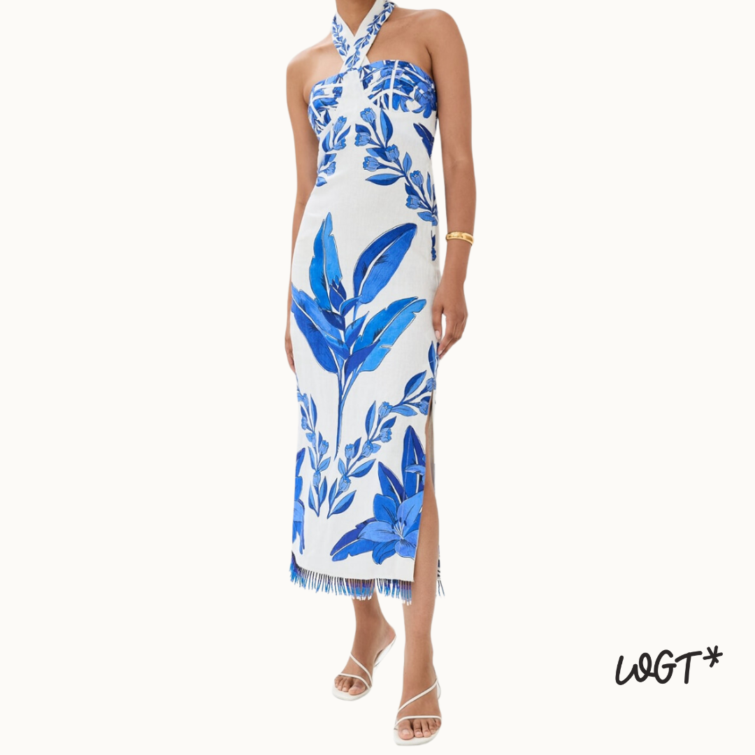 blue and white floral maxi dress