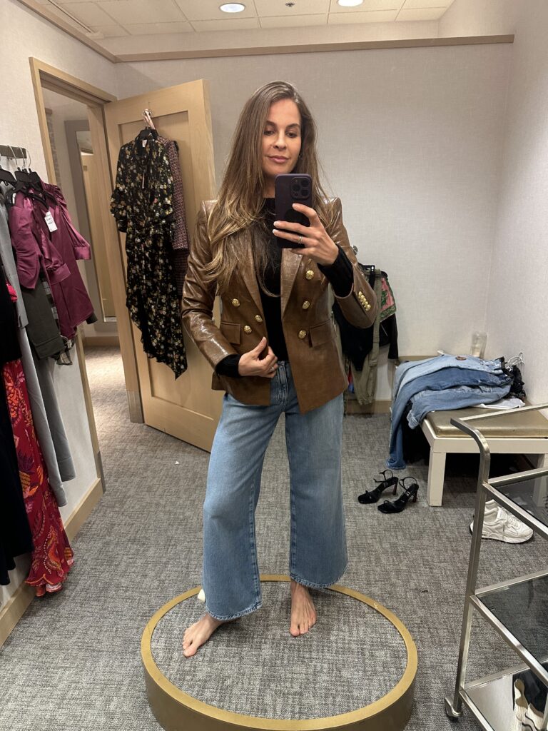 We Gotta Talk blogger Sonni Abatta wearing leather blazer and denim from her Nordstrom Sale picks